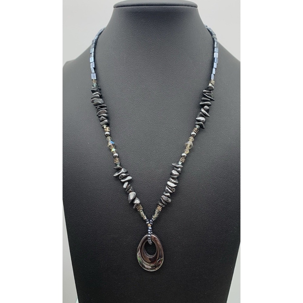 Vintage Hematite Necklace With Teardrop Pendant & AB Crystal‎ Accent Beads 17"